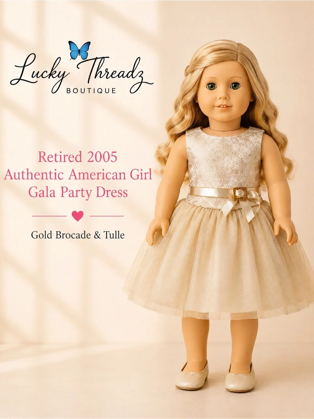 Retired 2005 American Girl Gala Party Dress Gold Brocade Tulle & Matching Shoes⁠